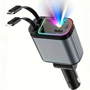 Chargeur Voiture « Ciel Étoilé » — 2 ports + 2 câbles rétractables (USB-C & Lightning), charge rapide 66 W