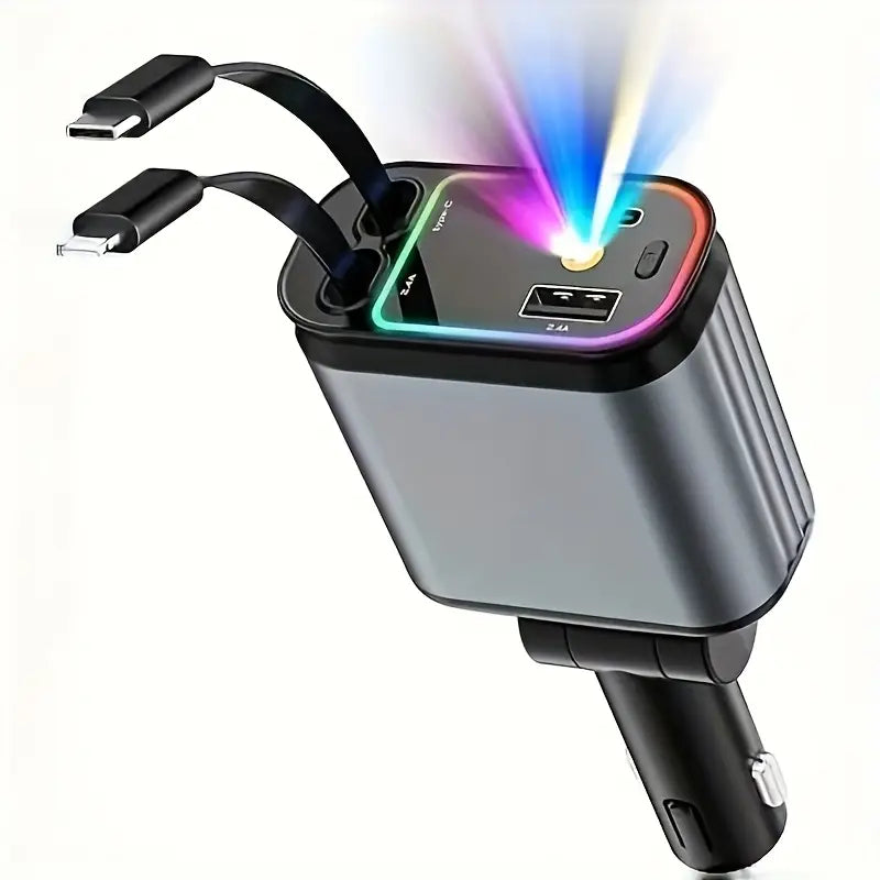 Chargeur Voiture « Ciel Étoilé » — 2 ports + 2 câbles rétractables (USB-C & Lightning), charge rapide 66 W