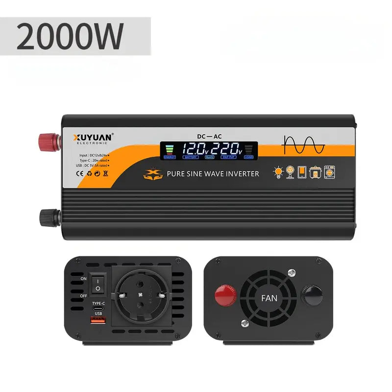 Onduleur sinusoïdal pur 12V/24V → 220V — 2000/3000 W continus — écran LCD, double ventilation