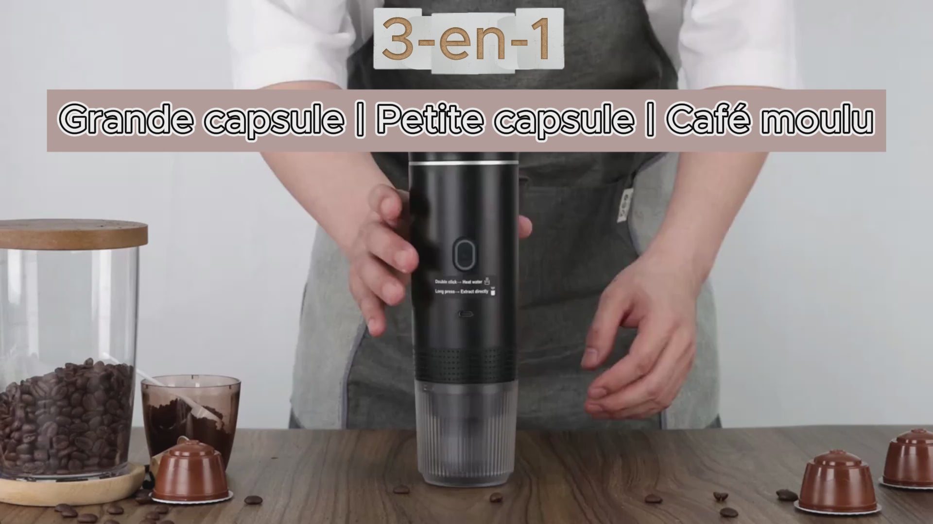Charger la vidéo : Cafetière portable 3-en-1 (capsules &amp; moulu) – Sans fil, batterie rechargeable
