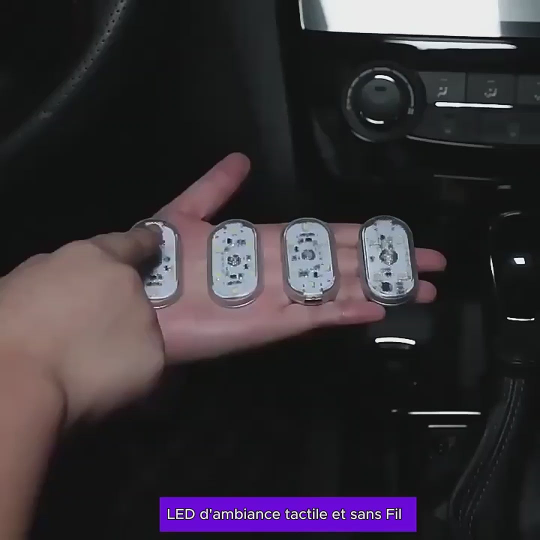 Charger la vidéo : LED d’Ambiance Sans Fil – Pack de 4 lampes intérieures voiture, tactiles &amp; magnétiques (RGB)