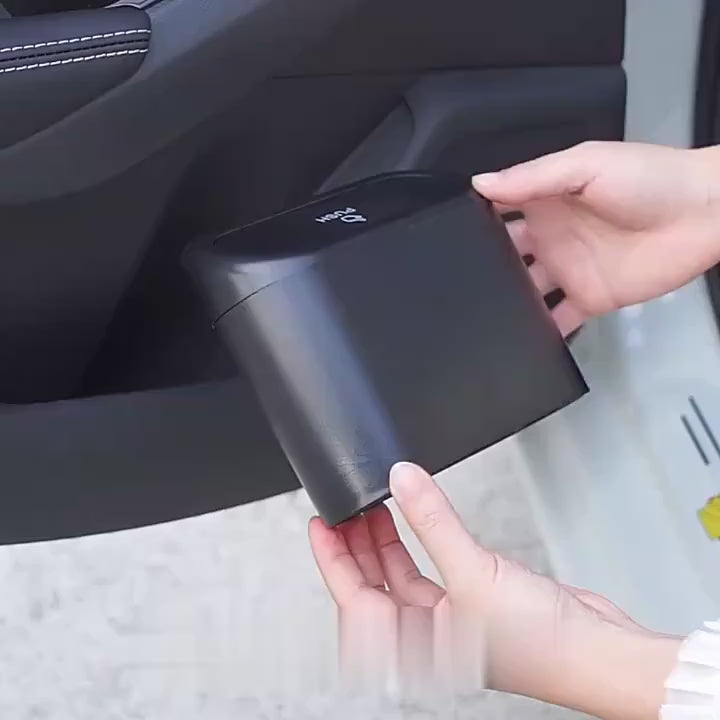 Charger la vidéo : Mini Poubelle de Voiture – Clip Portière Étanche, Couvercle Poussoir